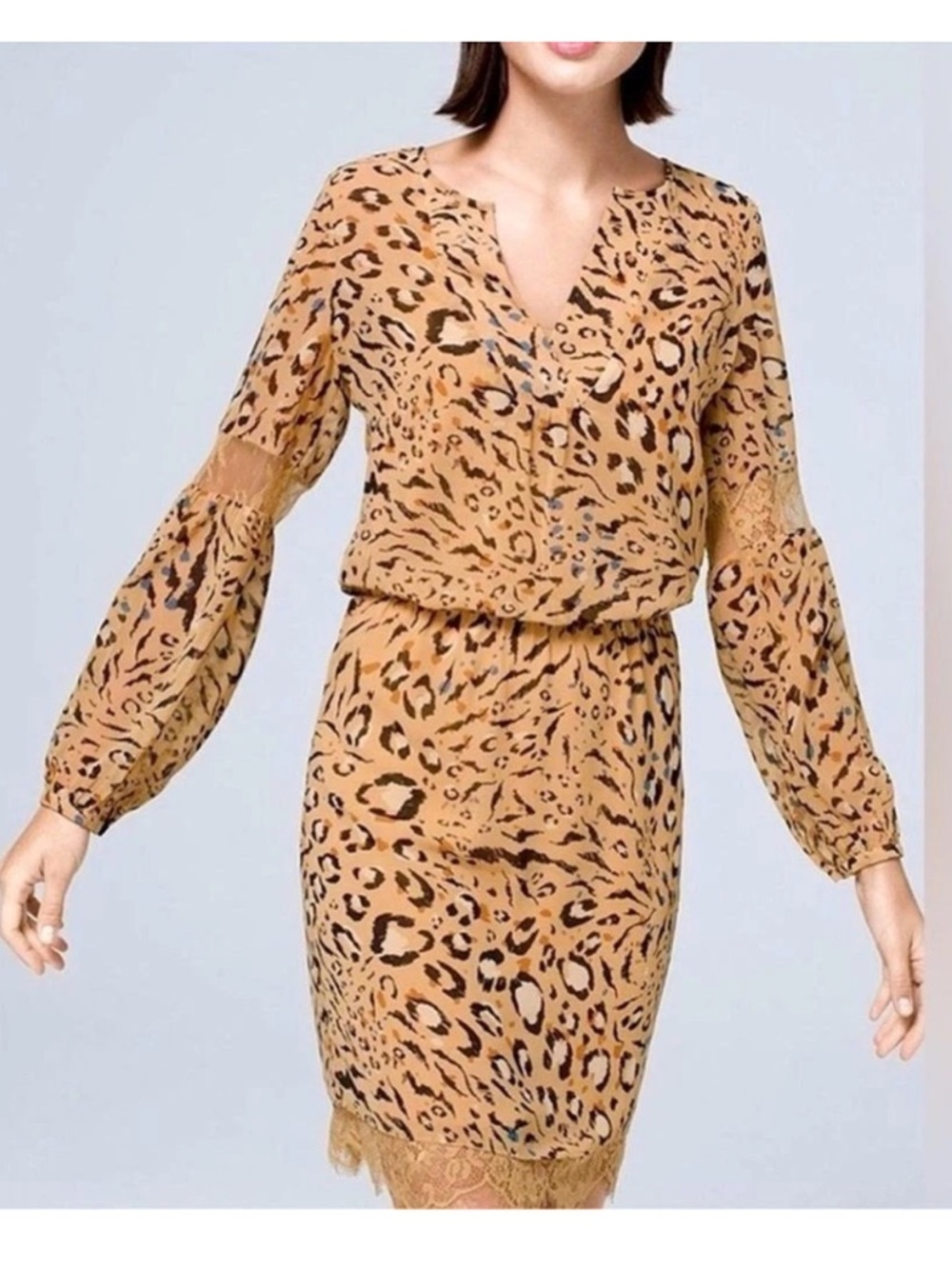 White House Black Market Leopard-Print Tan Long-Sleeve Shift Dress- worn twice